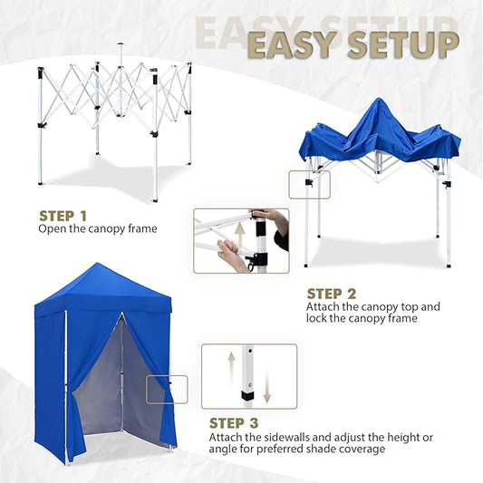 EAGLE PEAK 5x5 Instant Canopy with 4-Side Wall Panels, Small Pop up Portable Canopy Tent with Carry Bag, Light Weight Sun Shelter for Sports, Camping and Beach, Blue