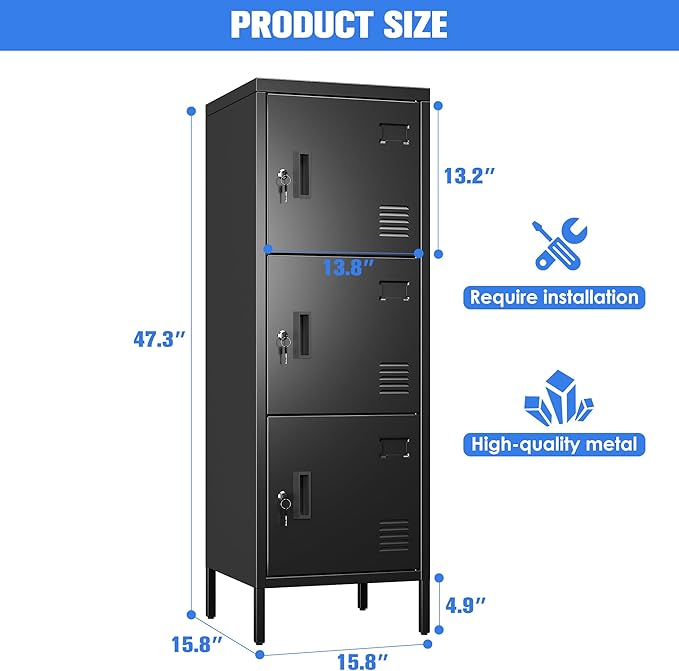 Aobabo 16" W 3 Door Metal Storage Locker with Lock, 47" H Steel Locker with Name Card Holder and Metal Leg for School, Home, Office, Playroom, Assembly Required, Black