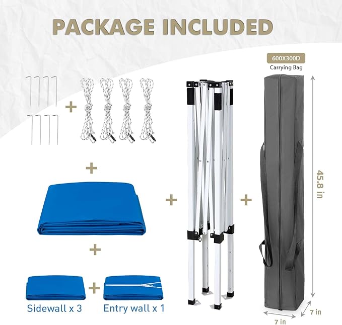 EAGLE PEAK 5x5 Instant Canopy with 4-Side Wall Panels, Small Pop up Portable Canopy Tent with Carry Bag, Light Weight Sun Shelter for Sports, Camping and Beach, Blue