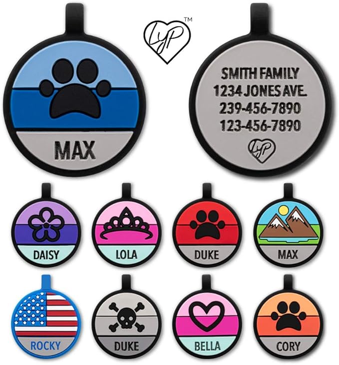 LYP Original Soundless Pet Id Tags | Custom Dog Tags Personalized for Pets | Durable Silicone Deep Engraved Dog Tag | No More Jingling | Blue Paw