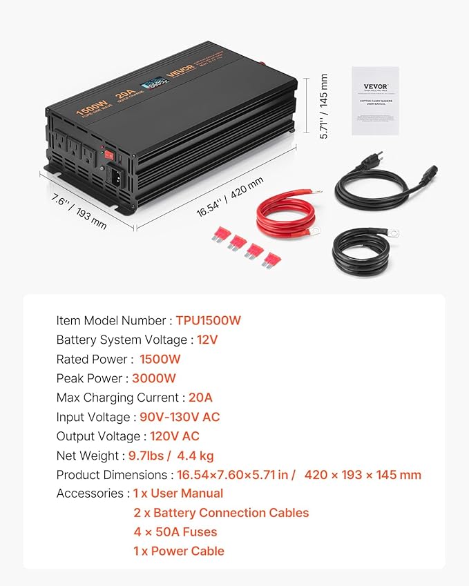 VEVOR Sump Pump Battery Backup System, 1500W, Auto Switches to Battery Inverter for Continuous Sump Pump Operation, Pure Sine Wave, LCD Display, for Basement Protection Emergency and Power Outage