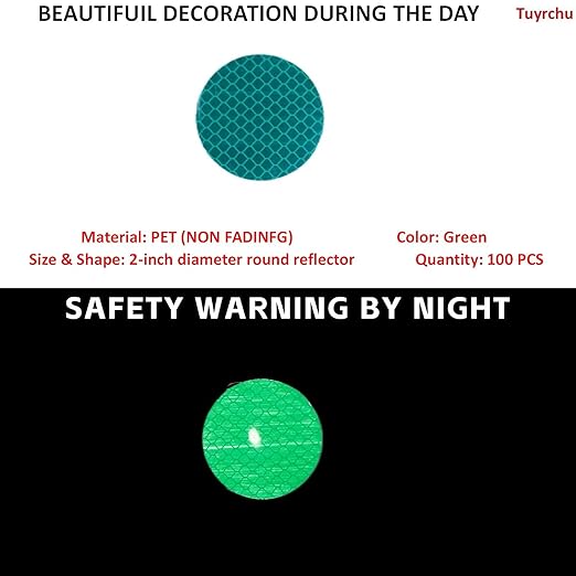 Non Fading Green Reflective Stickers 2-inch Diameter Round Reflector, Outdoor Waterproof High Visibility Warning Adhesive Tape (100 Pcs)