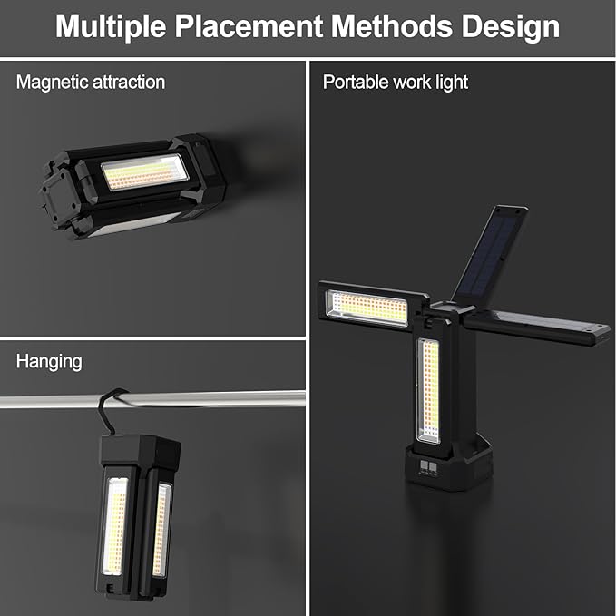 13200mAh Rechargeable Solar Work Light with Remote and Portable Carrying Bag, 8000 Lumen Stepless Dimmable, 4 Lighting Modes, White/Warm/Nature/SOS for Outdoor Camping Car Work Emergency Light