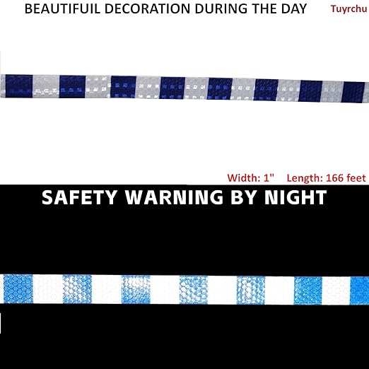 Blue White Reflective Tape 1 inch Wide for Trailer, Outdoor Waterproof High Visibility Safety Warning Adhesive Strips (166 feet)