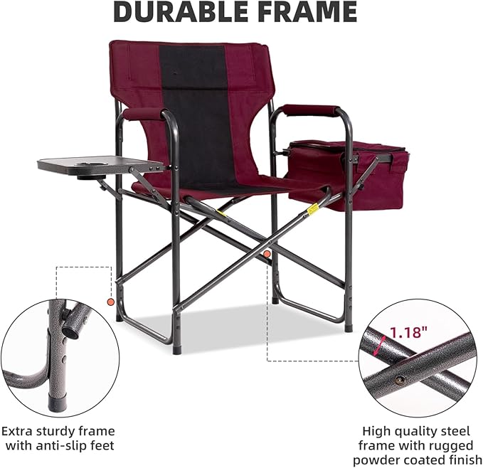 Director Camping Chair with Cooler Bag & Foldable Side Tray - 400lbs Heavy Duty Outdoor Folding Lawn Chair, Portable Camp Chair for Backyard, Fishing, Beach (Wine Red)