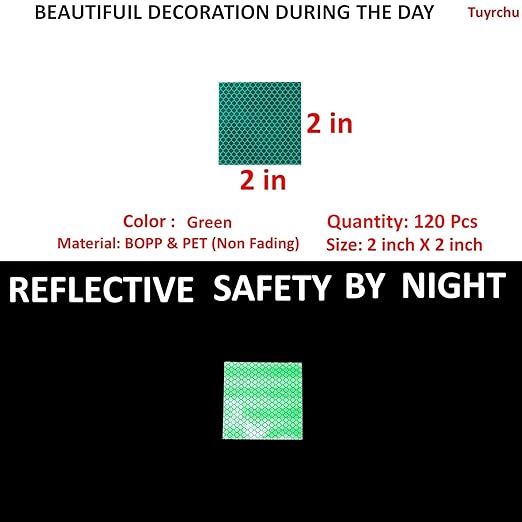 Green Reflective Stickers 2 inch X 2 inch, Outdoor Waterproof High Visibility Warning Safety Adhesive Reflector Tape (120 Pcs)