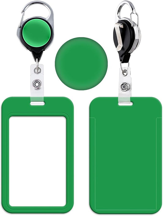 Green Retractable Badge Holder with Carabiner Clip, Durable Plastic ID Card Holder for Work, School, Events, Conferences - Retractable Reel Clip - Easy Access