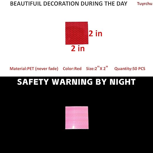 Non Fading Red Reflective Stickers 2 inch X 2 inch, Outdoor Waterproof High Visibility Warning Safety Adhesive Reflector Tape (50 Pcs)