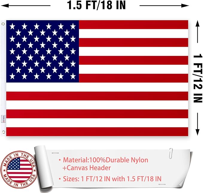 American Flag 12x18 Inches, Embroidery 50 Stars Ensign Nautical US Boat Flags with 2 Brass Grommets, Heavy Duty Nylon Outdoor Small American Flag for Boat, ATV and UTV