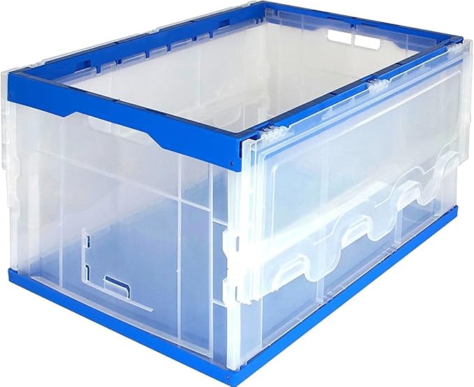 Mount-It! Collapsible Storage Bin with Attached Lid [65 Liter] Folding Crate, Durable Plastic Container, Trunk Storage, Box (23x15x13 Inches), Clear & Blue