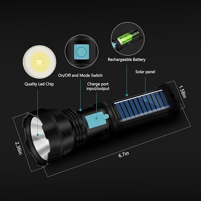 Led Solar Flashlight, 1500 Lumens Led Solar Handheld Rechargeable Flashlights with IP65 Waterproof, 2000mAh Battery for Survival Emergencies Camping (2 Packs)