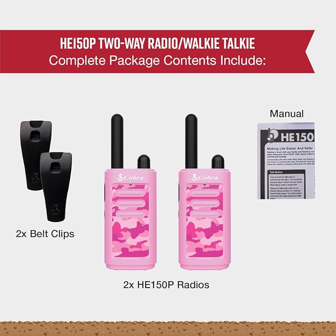 Cobra HE150 P - Kid Friendly Walkie Talkies - 16-Mile Range, 2 Channels Two-Way Radio Set, Pink, (2-Pack)