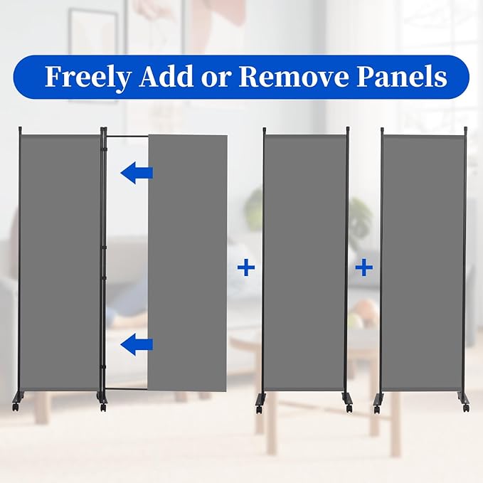 Room Divider 6FT Room Partition with Lockable Wheels, (Thicked Metal Base) Room Dividers, Freestanding Indoor Folding Privacy Screens, Portable Fabric Wall Divider for (Grey, 21.5"- 1 Panel)