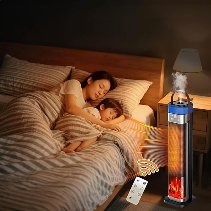 Tower Heater for Bedroom with Thermostat, Spray Humidification, 3D Simulated Flame, 3 Heating Modes, 12H Timer, 360°Protection, Portable Battery Powered Heaters for Indoor Use Large Room & Office