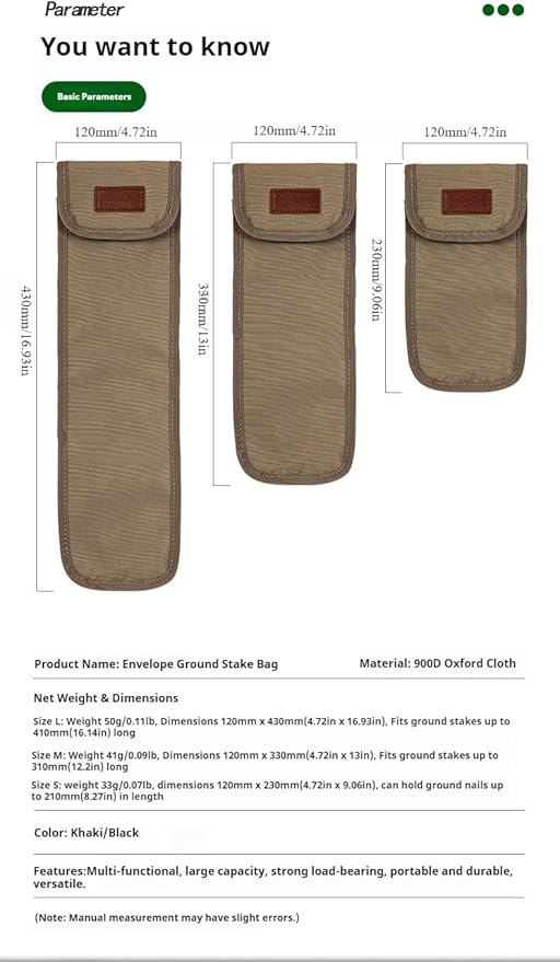 Tent Stake Bag - Waterproof Ground Nail Storage Pouch | Canvas Tent Pegs Organizer | 900D Oxford Fabric | Multi-Size Outdoor Camping Gear (khaki,L)