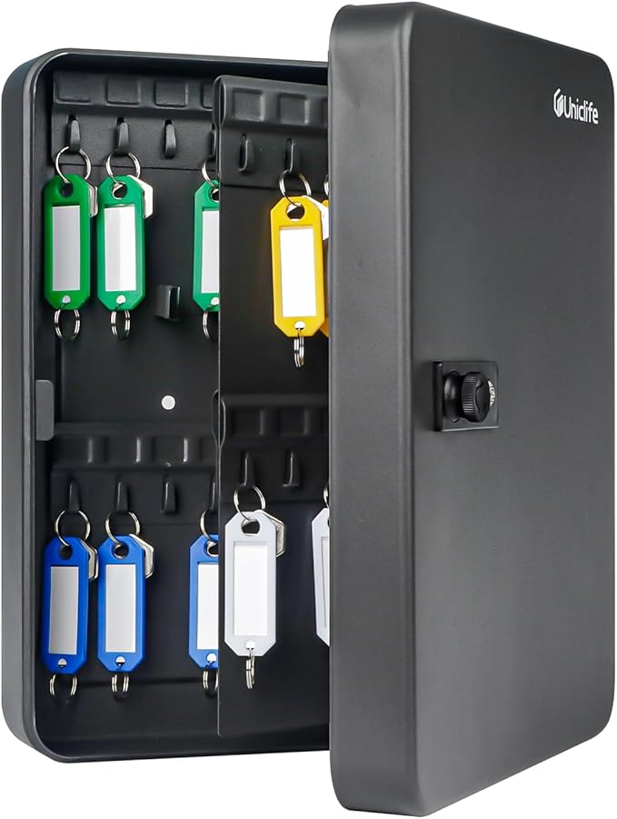 Uniclife 60 Position Key Cabinet with Combination Lock Resettable Black Digital Security Storage Box Steel Key Organizer with Colorful Large Key Tag Labels Stickers and Hooks