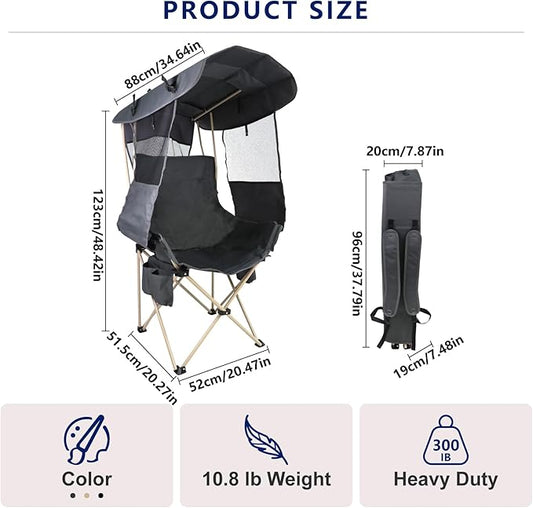 Folding Camping Chairs Canopy Outdoor: Sports Portable Beach Chair with Canopy-Lawn Beach Chairs with Umbrella for Adults-Camping Chair with Shade for Fishing Camp Heavy Duty (Regular, Grey)