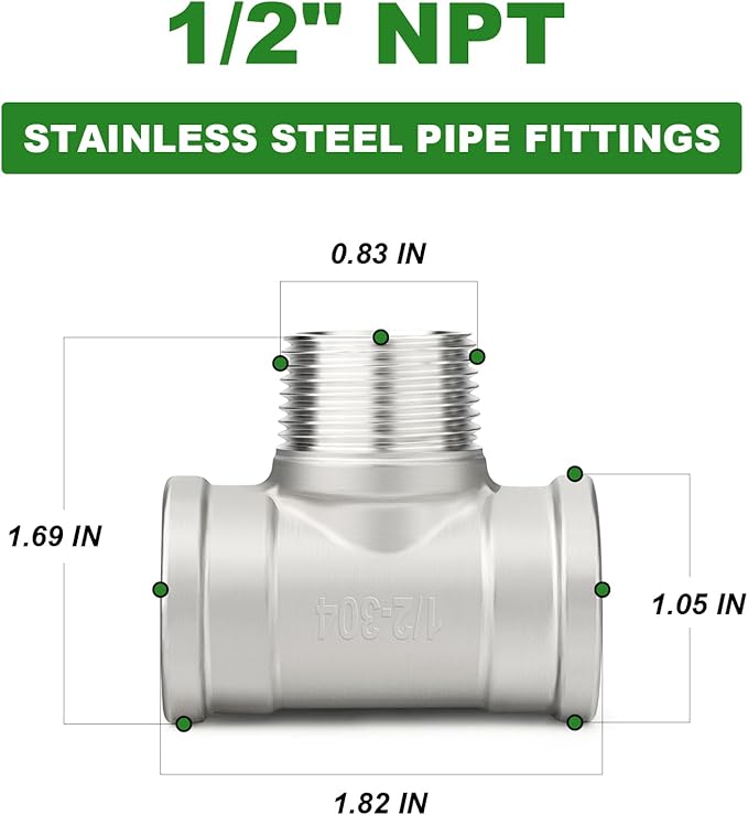 TAISHER 2PCS 304 Stainless Steel Tee Pipe Fittings, 1/2" NPT Female x 1/2" NPT Male x 1/2" NPT Female Pipe Fittings, Male Branch Tee