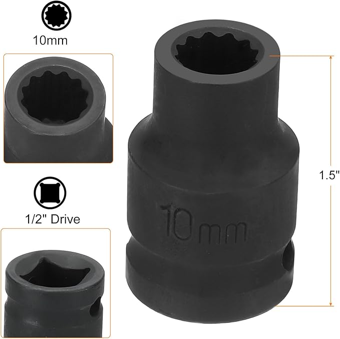 HARFINGTON 12-Point Impact Socket 1/2 Inch Drive 10mm Metric Cr-V Shallow Impact Socket Nut Driver Wrench for Auto Repair