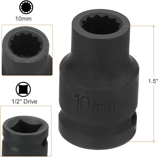 HARFINGTON 12-Point Impact Socket 1/2 Inch Drive 10mm Metric Cr-V Shallow Impact Socket Nut Driver Wrench for Auto Repair