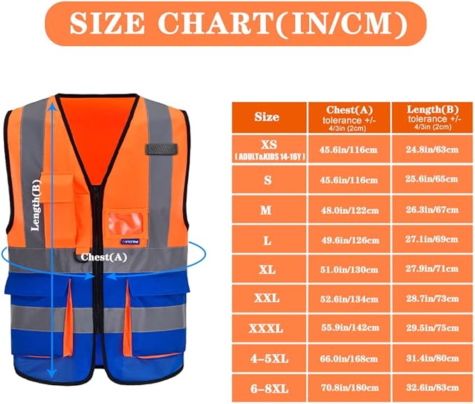 Orange Blue 4XL 5XL High Visibility REFLECTIVE WORK Safety Vest with zipper Reflective Strips 7 Pockets
