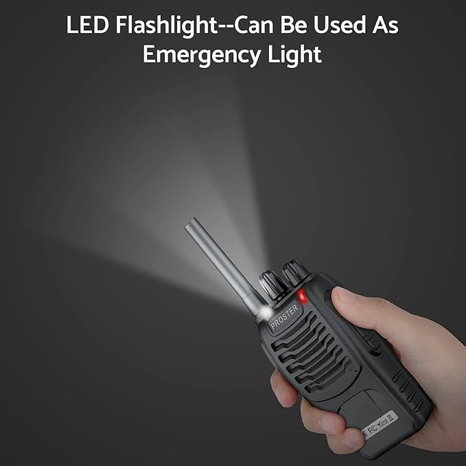 Proster Rechargeable Walkie Talkies 2 Pair - Long Range Two Way Radios 16 Channel Handheld Walky Talky with Flashlight Li-ion Battery and Charger