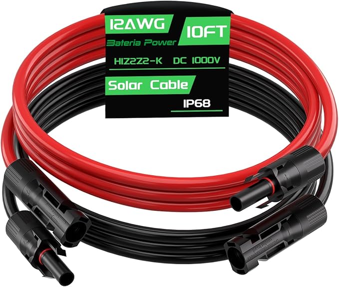 10FT 12AWG Solar Panel Extension Cable, Bateria Power 12 Gauge 4mm² PV Wire with Female & Male Waterproof Connectors for RV, Photovoltaic Systems, Set of 2