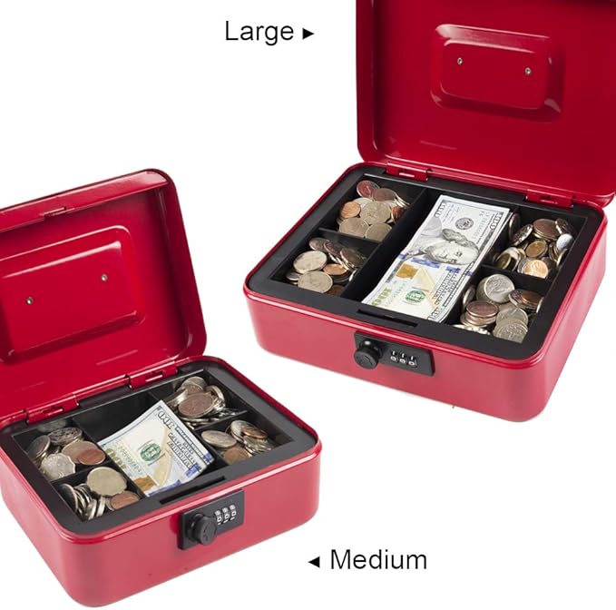 KYODOLED Large Cash Box with Combination Lock Safe Metal Money Box with Money Tray for Security Lock Box 9.84"x 7.87"x 3.54" Red Large