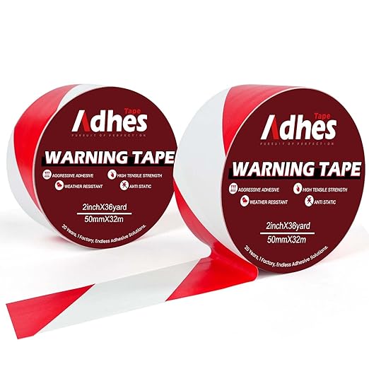 ADHES Red & White Hazard Warning Safety Tape, 2 Inch x 35 Yards x 2 Rolls High Visibility Wear Resistant Floor Marking Caution Tape for Indoor & Outdoor, Gym, Factory, Parking, School and More