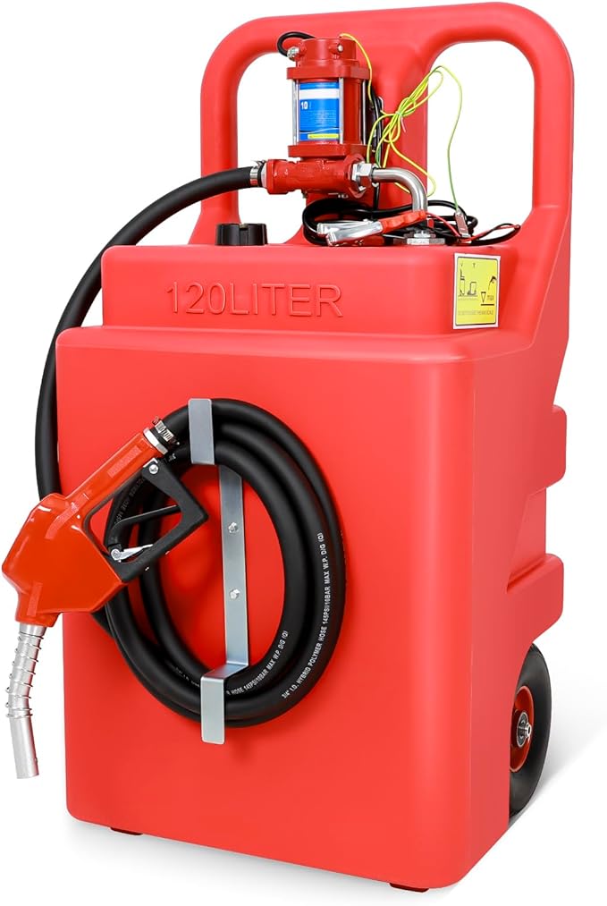 Gasoline Fuel Caddy Tank with Pump 32 Gallon, Portable Fuel Transfer Tank for Diesel & Gasoline with 12V 10GPM Electric Transfer Pump, Auto Fueling Nozzle, 13ft Hose, Sturdy Wheels