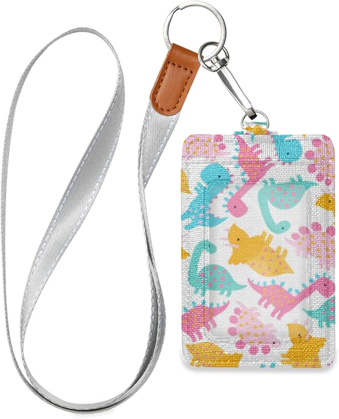 Dinosaur ID Badge Holder with Lanyard, Vertical Leather ID Badge Card Holder for Office Staff, School Teacher and Student