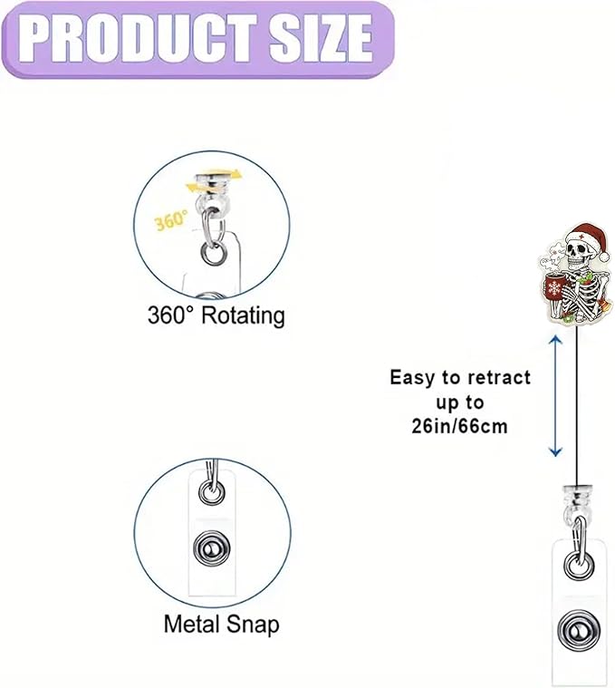 Christmas Coffee Skull Badge Reel Nurse Nursing Badge Clip with Retractable & 24 Durable Nylon Cord Funny Xmas Badge Holder for RN CNA LPN Medical Worker Teacher Student | Acrylic