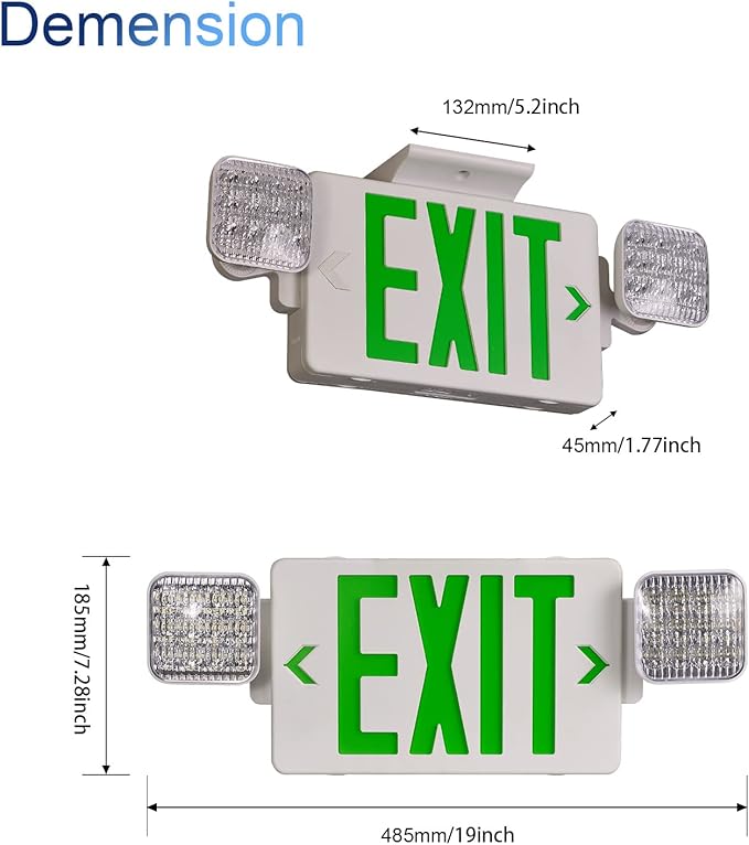 TANLUX Green Exit Sign with Emergency Lights, LED Exit Light - Battery Backup, UL Listed, AC 120/277V - Corded Commercial Emergency Light Combo