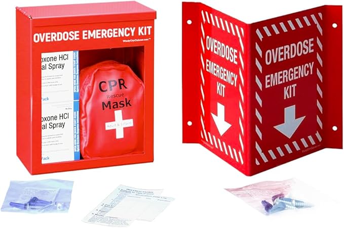 Overdose Emergency Kit Non-Locking Cabinet & Sign Bundle - High Visibility & Secure, 22 Gauge Steel, Wall Mountable with Acrylic Window, Break Hammer - Universal Capacity (Medication Not Included)