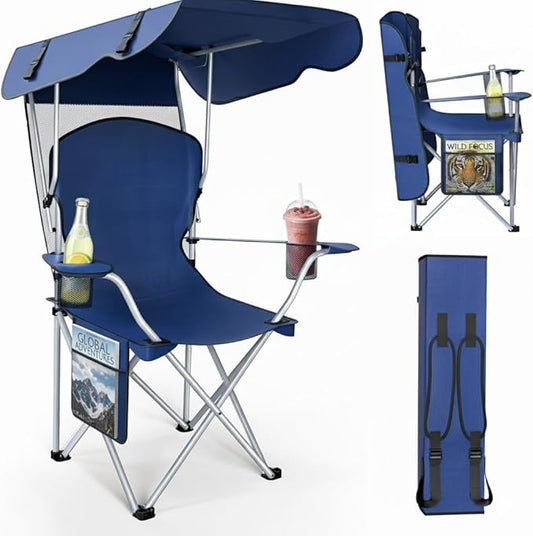 Portable Folding Camping Chairs with Canopy Shade, Beach Chair for Adults, Durable Weather Resistant 600D Oxford Cloth, Camping Chair with Canopy for Outdoors [Navy]