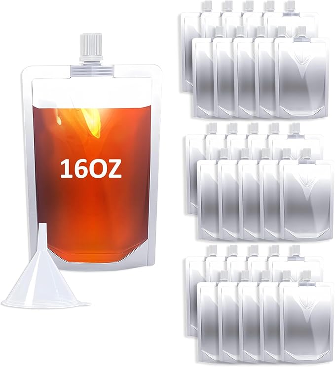 16OZ 30PCS Drink Pouches,Reusable Plastic Flask with Funnel for Drinking Juice,Stand Up Drink Bags for Travel Camping Outdoor Sport Concert Events,Leak-Proof Food Grade