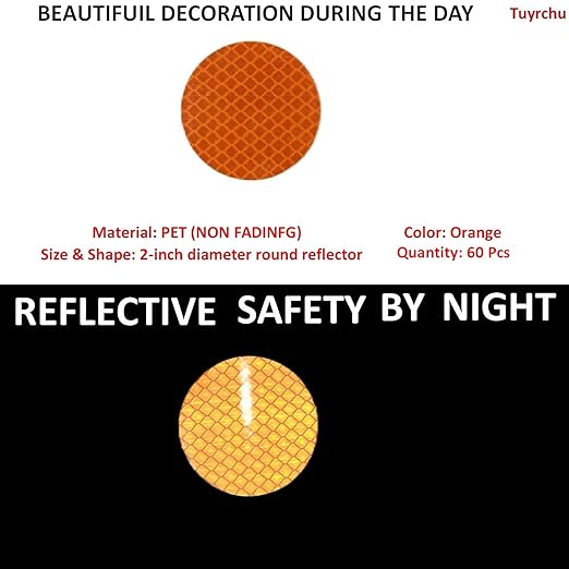 Orange Reflective Stickers 2-inch Diameter Round Reflector, Outdoor Waterproof High Visibility Warning Adhesive Tape (60 Pcs)