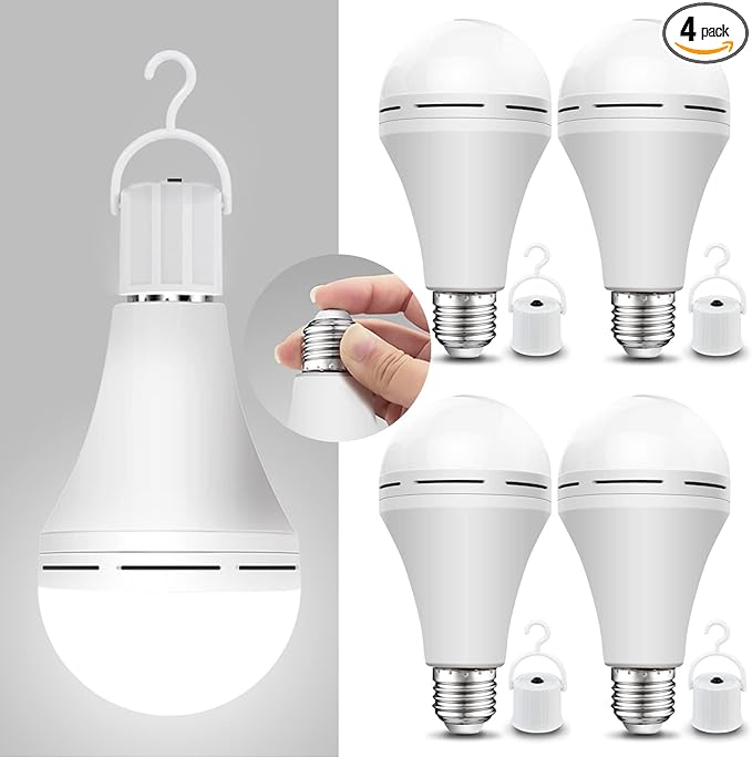 Neporal 4 Pack Emergency-Rechargeable-Light-Bulb, Stay Lights Up When Power Failure, 1200mAh 15W 80W Equivalent LED Light Bulbs for Home, Camping, Tent (E27, with Hook) (Daylight)