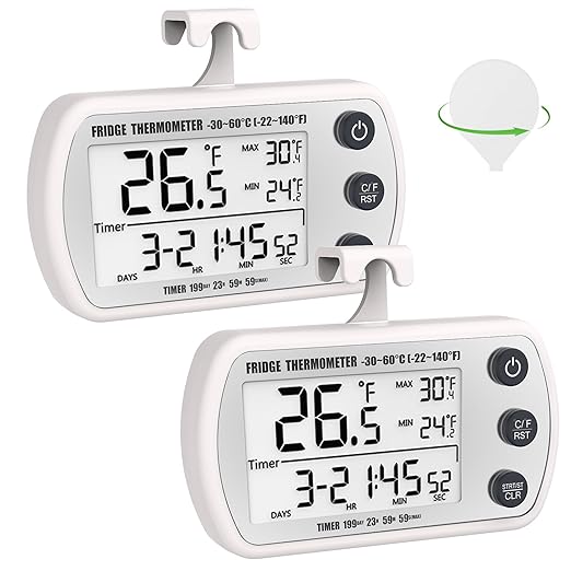Digital Refrigerator Thermometer 2 Pack, Waterproof Fridge Thermometer, 2.25IN Large Screen Freezer Thermometer, Max/Min Record Function,Timer Function(White)