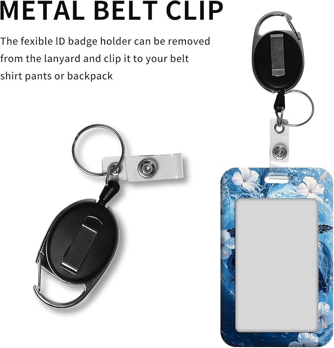 ID Badge Holder with Retractable Lanyard for Women & Men,Vertical ID Card Holder Wallet,Clear Window&Card Slot,Detachable Neck Strap for Nurse Teacher Office,Ocean Turtles & Hibiscus