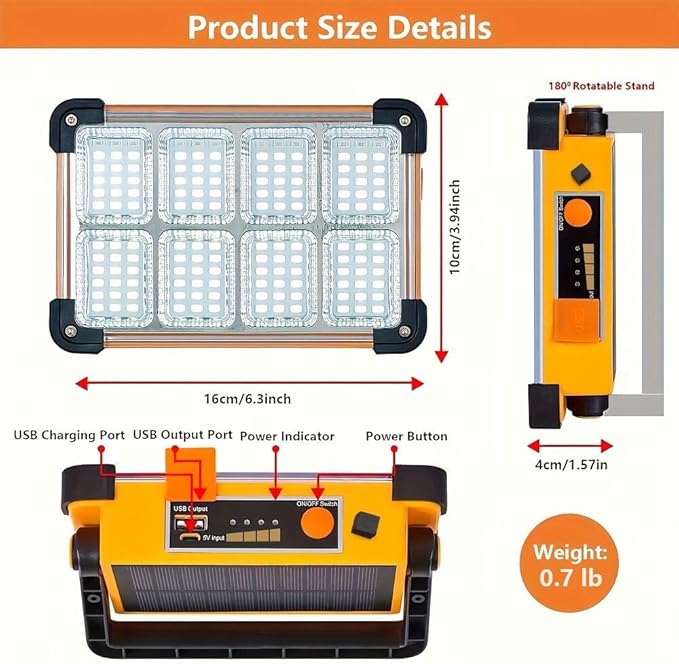 120W LED Solar Work Light, 144 LED 10000LM Portable Flood Light with Stand, 4 Modes Rechargeable, IP65 Waterproof Outdoor Working Light for Camping, Fishing, Car Repair & Mechanics (2)