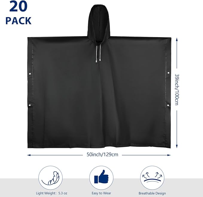 Zhehao 20 Pcs Rain Ponchos for Adult Reusable Waterproof Plastic Rain Coat