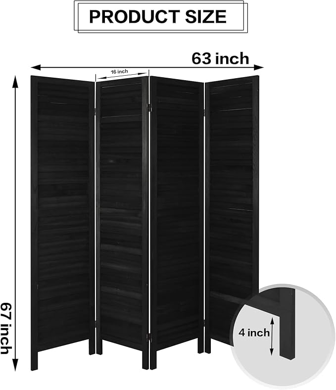 ECOMEX 4 Panel Wood Room Divider 5.6ft.Tall Folding Privacy Screen Panels, Room Divider Wall, Divider for Room Separation, Partition Room dividers and Effectively Block Sight(Black)