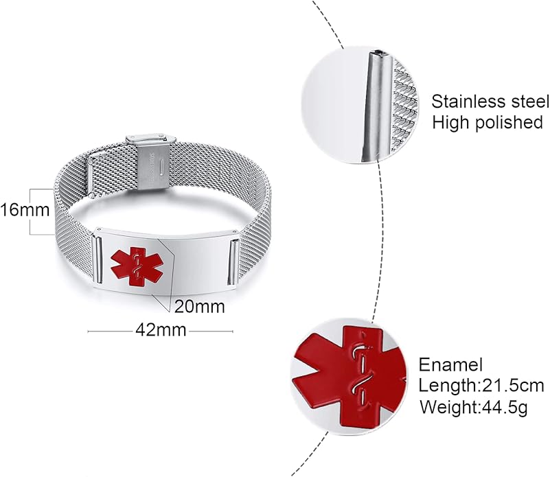 VNOX Medical Alert Bracelets for Men & Women Kids with Free Engraving Adjustable Stainless Steel Mesh Emergency Medical ID Bracelets Wristband