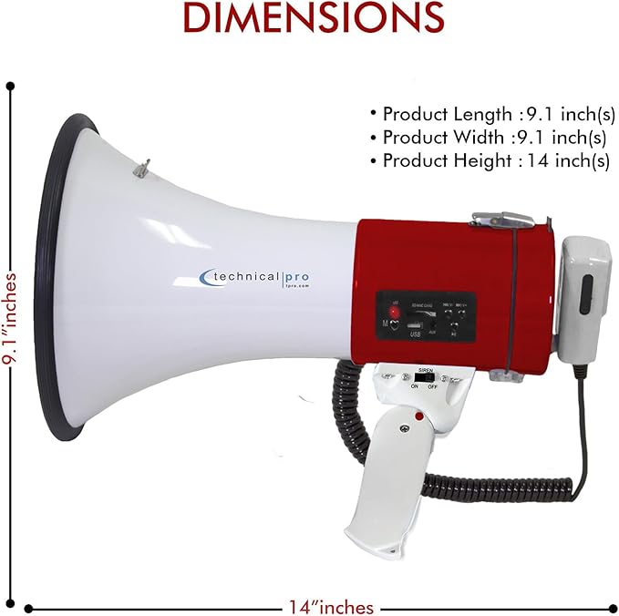Technical Pro Portable Lightweight 75-Watt Megaphone Bullhorn w Siren, Detachable Microphone & Strap - Professional Outdoor Voice for Police & Cheer Leading