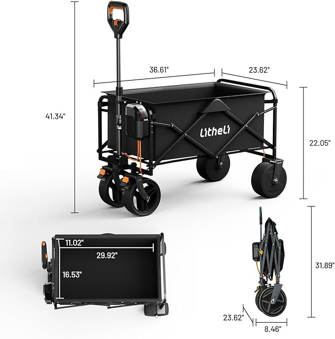 Litheli Electric Collapsible Wagon Cart Foldable, 100L Portable Folding Wagon Cart with Wheels, Outdoor Lightweight Utility Carts for Beach Grocery Camping Shopping and Dual Port Charger