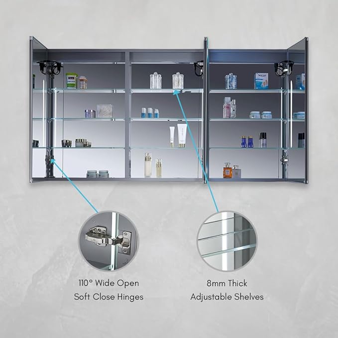 Blossom 60-Inch LED Lighted Mirror Medicine Cabinet - Recessed or Surface Mount Bathroom Cabinet - One Touch Built-in Defogger - Dimmer - Makeup Mirror - 3 Adjustable Glass Shelves
