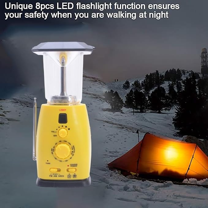 Solar Powered AM/FM Portable Radio with Hand Crank, USB Phone Charger, LED Camping Light, Compact 8.3 x 4.3 x 4.3 in Yellow