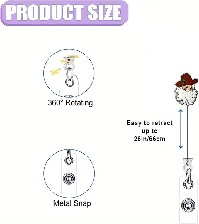Cowboy Santa Claus Badge Reel Christmas Badge Holder with Retractable Alligator Clip Nurse Nursing Badge Reels for RN CNA LPN Medical Worker Name Tag Decor | with 24” Durable Nylon Cord