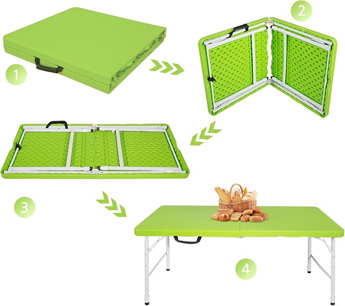 Portable 4Ft Adjustable Height Plastic Folding Table, Heavy Duty Fold-in-Half Table with Carrying Handle, Small Utility Foldable Table for Picnic Party Camping BBQ, Indoor/Outdoor (Green)